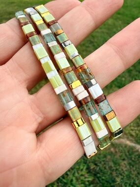 Green + Gold Tile Bead Stretch Bracelet Set - Women Jewelry